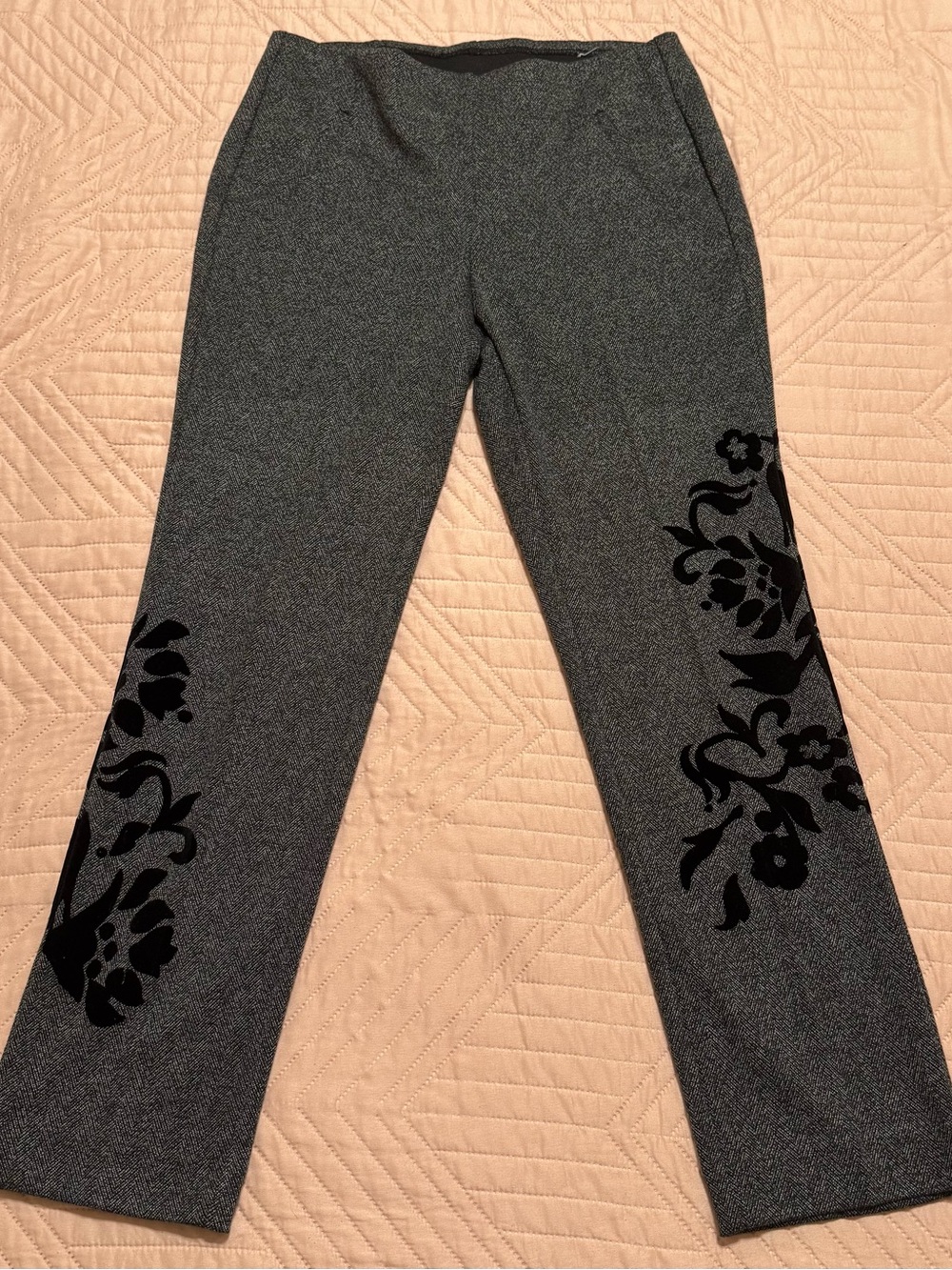 Gray Floral Velvet Appliqué Pants